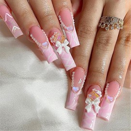 24Pcs Pink Press on Nails Square Long Length French Fake Nails Cute 3D Bow Flowers Butterflies Designs Shine Sequins Full Cover Coffin Nails French Tip Pearls Stick on Nails for Women Girls