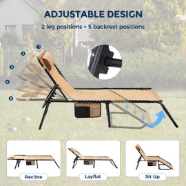HOMSHADE Folding Chaise Lounge Chair with 5-Level Adjustable Backrest, Patio Chaise Lounge Chair w/Head Pillow & Side Pocket for Camping, Pool, Beach and Patio(Beige)