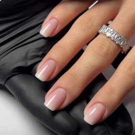 KQueenest Ombre Pink French Press on Nails Short Square, Short Fake Nails Glue on Short Square Nails Press ons, Natural Ombre Pink Nails Glue on Nails Short Stick on Nails for Women 24 Pcs