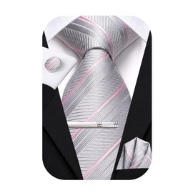 Hi-Tie Classic Mens Silk Ties Set 4 PCS Necktie Pocket Square Cufflinks Clip Pin Solid Strip Paisley Tie,Silver Pinks