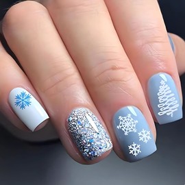 OHWODA Winter Fake Nails Snowflake Press on Nails Short Blue Christmas Glue on Nails Full Cover Snowflake False Nail Tips Glossy Square Shape Winter Press on Nails for Women Christmas Decorations
