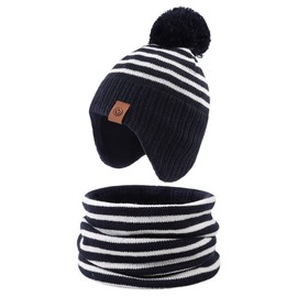 JANGANNSA Knitted Baby Hat Scarf Set Winter Warm Boys Girls Beanie Fleece Lining Toddler Kids Hat with Pompom(Striped Navy(Hat+Scarf),L)
