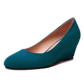 WAYDERNS Zapatos de tacón bajo de cuña con puntera redonda sólida para mujer, de 2 pulgadas, verde azulado, 9.5 US