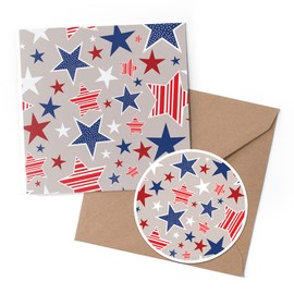 1 x Greeting Card & 10 cm Round Sticker Set - American Stars & Stripes Pattern Star - Birthday Thank You Friend Lover Fan Mum Dad Kids #170185