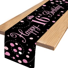 YRsorn 16th Birthday Girl Table Runner Birthday - Sweet 16th Birthday Decoration, Black Pink Table Decoration for Decoration Girls Party Birthday Decoration, 35 x 180 cm