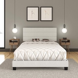 Boyd Sleep Ravenna Upholstered Platform Bed Frame Mattress Foundation with Tri-Panel Headboard and Strong Wood Slat Supports: Linen, White, Full
