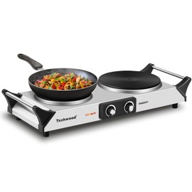 Hot Plate, Techwood Double Burner for Cooking, 1800W Countertop Electric Stoves with Adjustable Temperature & Stay Cool Handles, Dual Cooktop for RV/Home/Camp, Upgraded Version Stainless Steel, Silver