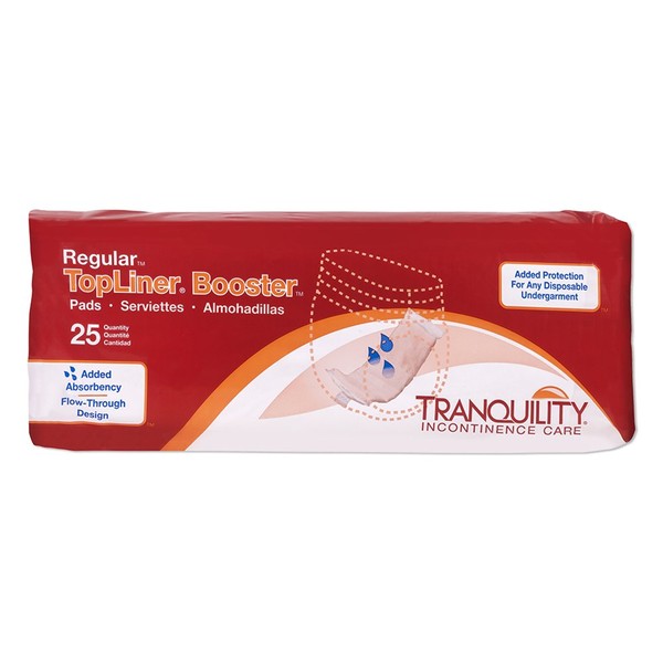 Tranquility TopLiner Disposable Booster Pads with Adhesive Strip, Secure Placement, Extra Absorption, Odor Control, Stackable, Regular (14" x 4") 25 ct