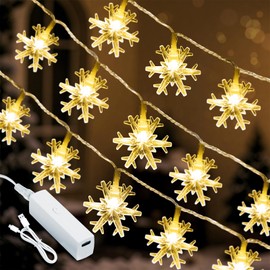 Lakumu Rechargeable Christmas Decorations Lights, 33FT 100 LED Snowflake String Lights Battery Operated with 8 Modes & Timer, Indoor Fairy Lights for Bedroom Party Home Xmas Tree Decoration Warm White