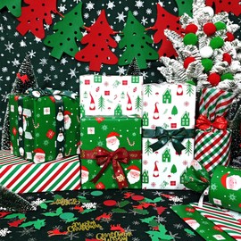 LIAPAWPAW 30 Sheets Christmas Tissue Paper, Vintage Red and Green Gift Tissue Paper for Gift Bags Packaging Craft, Cute Santa Gnome Xmas Tissue Paper Gift Wrap for Holiday New Year Party Decor,20x14in