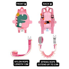 DAMATCH 3 in 1 Toddler Harness Leash-Baby Walking Safty Harness + 8.2ft Anti Lost Wrist Link + Cute Dinosaur Backpack,Kids Walking Tether with Key Lock for Boy‘s Outdoor Activity Travel (Pink)