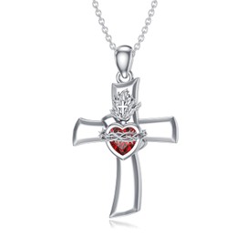 LEECCI Sacred Heart Cross Necklace 925 Sterling Silver Sacred Heart of Jesus Pendant Sacred Heart Cross Jewelry for Women Men