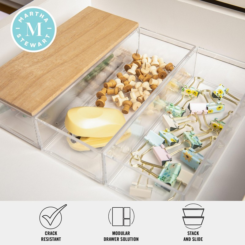 Martha Stewart Brody Plastic Storage Organizer Bins with Paulownia Wood