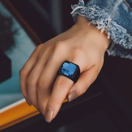 Bandmax Men's Stainless Steel Signet Ring, Cubic Zirconia Ring, Band Ring, Blue Stone, 15 mm Wide, Men's Jewellery Accessories, Sizes 54 mm to 72 mm Available