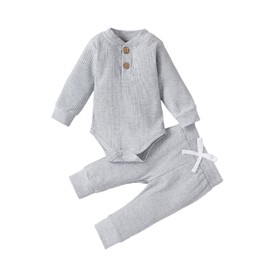 QUINTRA Newborn Baby Girl Boy Fall Clothes 3 6 12 18 24 Months Outfits Long Sleeve Knitted Cotton Romper Pants Infant Winter Sets Sleeve Romper (Grey, 3-6 Months)