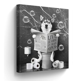 Husky Dog Sitting in Toilet Bathroom Decor Wall Art Funny Husky Pictures Black and White Bathroom Wall Decor Farmhouse Dogs Painting for Toilet Bathroom Animals Artwork Framed 16"x20"