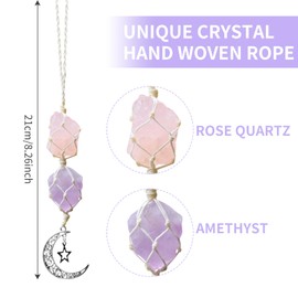 Crystal Car Hanging Ornament Rose Quartz Car Hanging Accessories Moon Star Calcite Raw Pendant Crystal Stones Reiki for Meditation Protection (Rose Crystal+Amethyst)