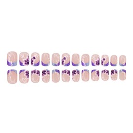 Purple Press on Nails Medium Square Fake Nails Flower False Nails Glossy Full Cover Acrylic Nails Floral Glue on Nails Summer Artificial Stick on Nails for Women Manicure 24 Pcs