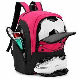 HMLIN OUTOOORS Soccer Backpack with Ball Holder,Youth soccer Bag for Basketball,Volleyball-Includes Separate Shoe Compartment&and Insulation (Pink)