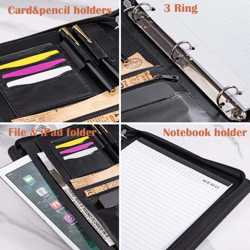 Calfinder 3 Ring Portfolio Binder,PU Leather Padtfolio Binder with Zipper,Padfolios