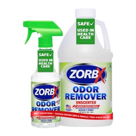 ZORBX Unscented Odor Eliminator for Strong Odor 16 Oz + 64 Oz - Used in Hospitals & Healthcare Facilities - Advanced Trusted Formula, Fast-Acting Odor Remover Spray for Dog, Cat, House & Carpet
