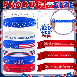 Lunmon 120 Pcs 4th of July Silicone Bracelets USA American Flag Rubber Wristbands Bulk Patriotic Red White and Blue Bracelets for Independence Memorial Day Party Favors