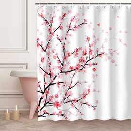 LIVILAN Cherry Blossom Bathroom Curtain with 12 Hooks, Pink Floral Shower Curtain Fabric Sakura Bath Curtain, Flower Shower Curtain for Bathroom, Machine Washable, 72" WX 72" H
