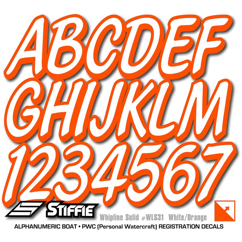 STIFFIE Whipline Solid White/Orange 3" Alpha-Numeric Registration Identification Numbers Stickers