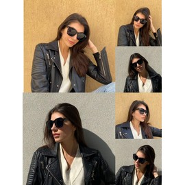 Freckles Mark Vintage Large Squared Sunglasses for Women Black Plastic Frame Clear Reflective (Black, 58)