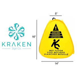 Kraken Sign Co - 3 Pack Pop-up Sign, Yellow 4-Sided Bilingual Trilingual English/Spanish/French Warning, Pop-up Caution Wet Floor Sign 16 inch for Restaurant, Commercial and Industrial Safety.