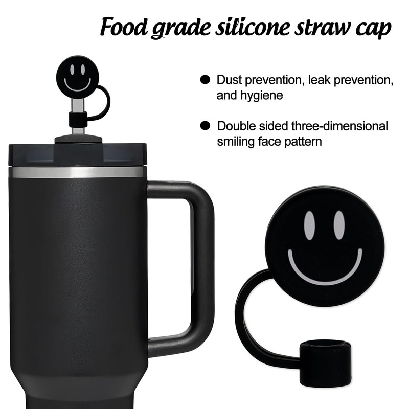 Whaline 6Pcs Black Smile Face Straw Covers 0.4 Inch Silicone