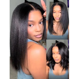 UNICE Yaki Straight Bob Human Hair Drawstring Wig Bye Bye Knots Glueless 7x5 Lace Front Wigs Human Hair Pre Plucked Pre Cut Bleached Knots Pre Everything Put On and Go Wig 10 inch