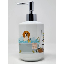 Caroline's Treasures WDK5737SOAP Tricolor Beagle in Bathtub Ceramic Soap Dispenser Hand Soap Dispenser Pump Bottles for Bathroom Kitchen, Empty Refillable Liquid Soap Container
