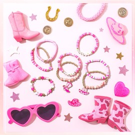 Huquary 8 Pcs Western Cowgirl Bracelets Adjustable Pink Braided Matching Bracelet with Hat Boot Pink Cowgirl Accessories Bohemian Jewelry Gifts for Women Western Party Favors Dress Decor