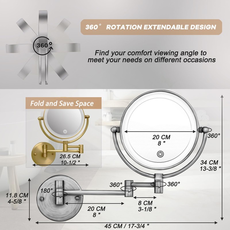 Wall Mounted Makeup Mirror with Light and Magnification, 7W Higher