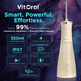 Vitoral Professional Cordless Water Flosser for Teeth & Gum Health | Premium IPX7 Waterproof Oral Irrigator & Plaque Remover | Deep-Clean Dental Jet with 4 Smart Modes, 350ml Home & Travel (Beige)