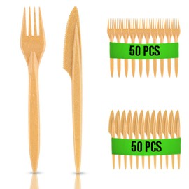 RAGO® Reusable Cutlery Set 100 Pieces Premium Environmentally Friendly Camping Cutlery Made of WPC - Alternative to Plastic Cutlery Reusable I Robust Travel Cutlery - Light Brown - 50 Forks / 50