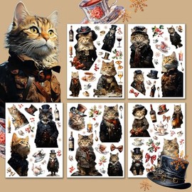 Large Stickers Pack # Victorian Cats Lady and Gentleman HANATABA Vintage Art Deco Styled Wall Laptop Vinyl Stickers