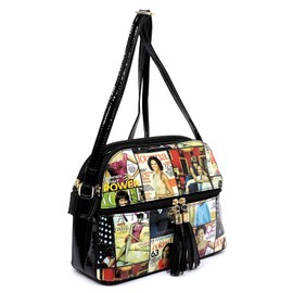 AMY&JOEY Glossy magazine cover collage multi compartments crossbody bag purses Michelle Obama bags with tassels (MULTI/BK)