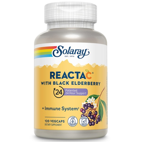 SOLARAY Reacta-C with 500mg Vitamin C, 200mg Sambucus Black Elderberry Extract, Immune System Defense Vitamins, Patented 24 Hour Immunity Booster Support Supplement, Vegan, 120 Capsules, 120 Servings