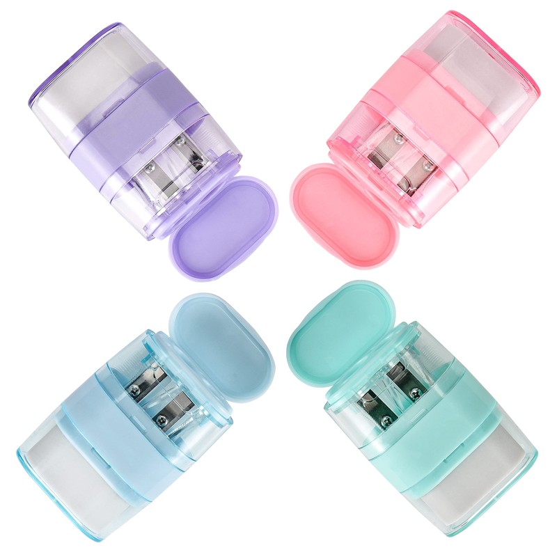 4 PCS Manual Pencil Sharpener with Eraser, Double Hole Multicolored