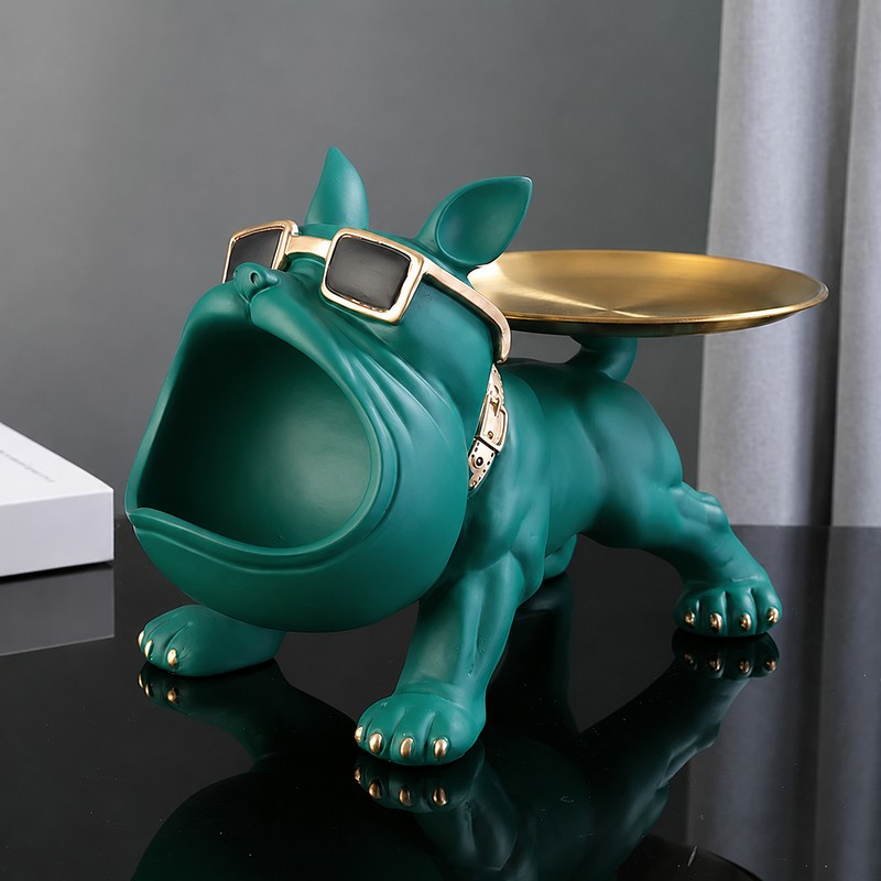 Bulldog Decorative Storage Tray Statue – 11.8-Inch Resin Dog Figurine