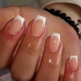 24Pcs White French Tip Press on Nails Medium Square Fake Nails Full Cover Artificial Glue on Nails French Glossy False Nail with White Nail Tips Glitter Design Nude Pink Acrylic Nails for Women DIY