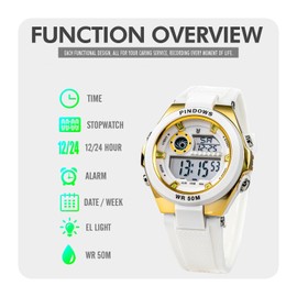 CakCtiy Digital Sports Watch with Waterproof Stopwatch, Luminous Display, Alarm, Chime, Seven-Color EL Backlight, for Women&Men Outdoor Multifunctional, GoldWhite, Modern