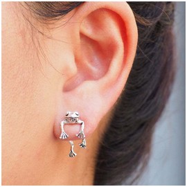 Cimenexe Punk Frog Ear Jacket Earrings Silver Frog Studs Earrings 3D Frog Earrings Two Way Studs Earrings Front Back Earrings Jewelry for Women and Girls Cute Gifts(Silver)