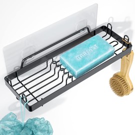 TOMIR Soap Dish 2-in-1 Soap Holder for Shower Wall with Hooks, Adhesive Shampoo Bar Soap Caddy Tray Saver Rest Case Sponge Holder Shower Dish Black Sink Soap Rack for Kitchen Bathroom, Stainless Steel