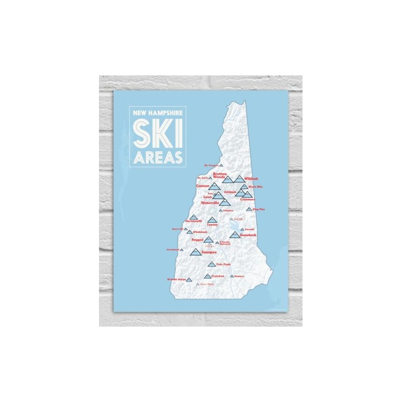 New Hampshire Ski Resorts Map 11x14 Print (White & Light