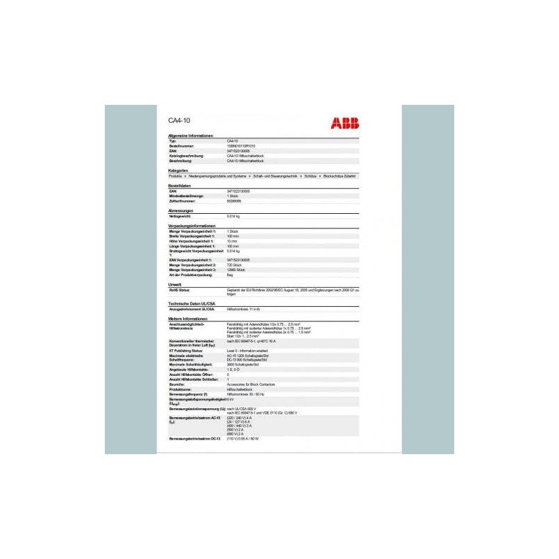 abb-entrelec CA4 – 10 – CONTACT BLOCK FRONT CA4 –