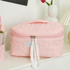 COENVYLIV Cute Cotton Quilted Makeup Bag for Women Large Capacity Travel Cosmetic Bag Waterproof Cute Floral Toiletry Organizer Bag for Travel Business Trips Vacations,Pink