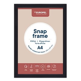 Europel lightweight folding frame DIN A2 matt black powder-coated, easy-click system, profile 25 x 11 mm, anodised aluminium and anti-glare protective film, outer dimensions 451 x 625 mm, grey polystyrene back